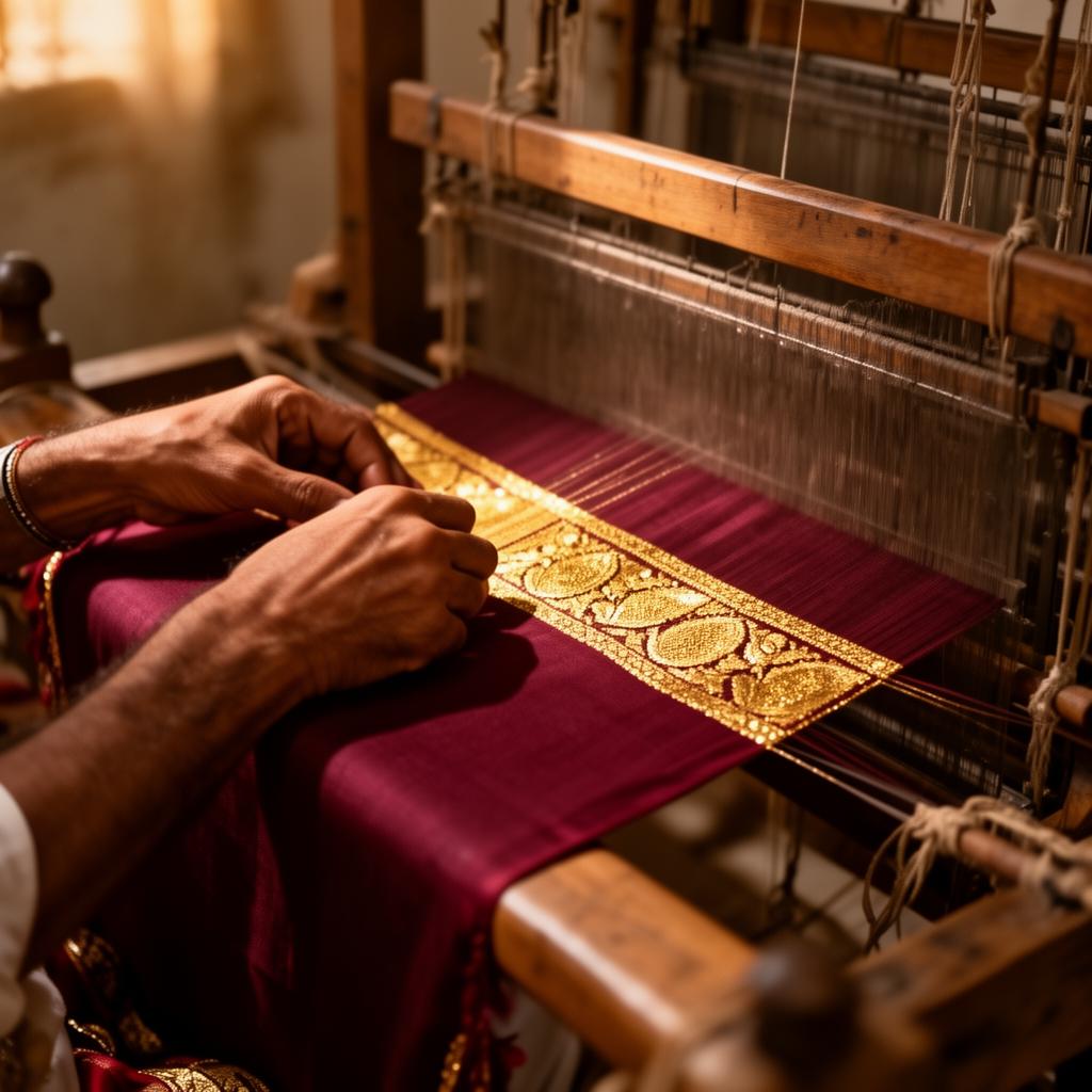 Master weaver crafting gold zari on deep maroon silk