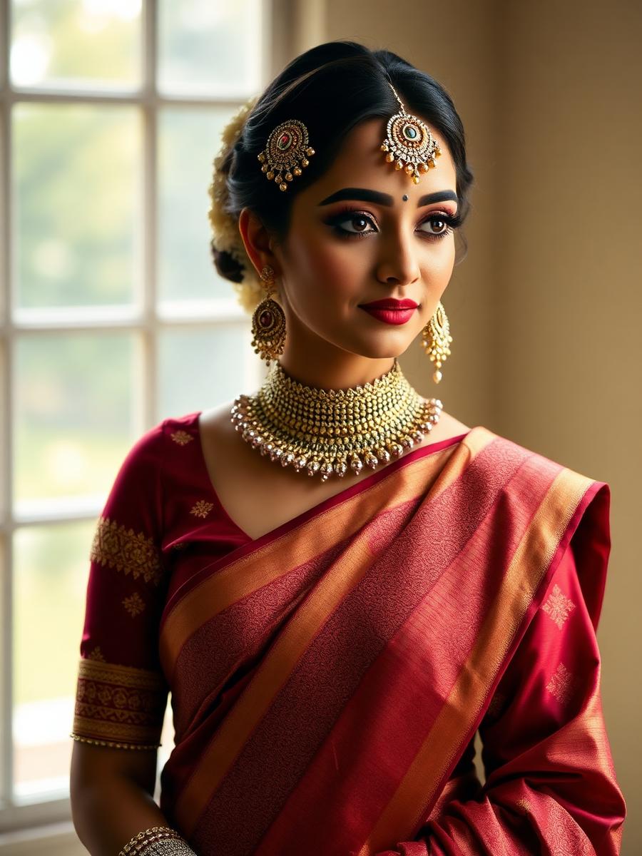 Bride in maroon Banarasi saree