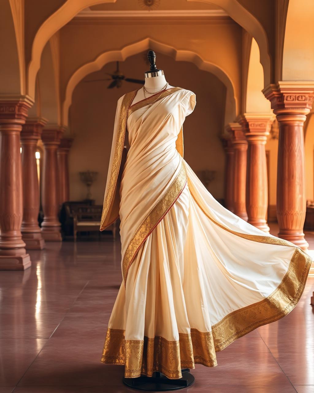 Mayapur Gopi dress in cream cotton with gold border
