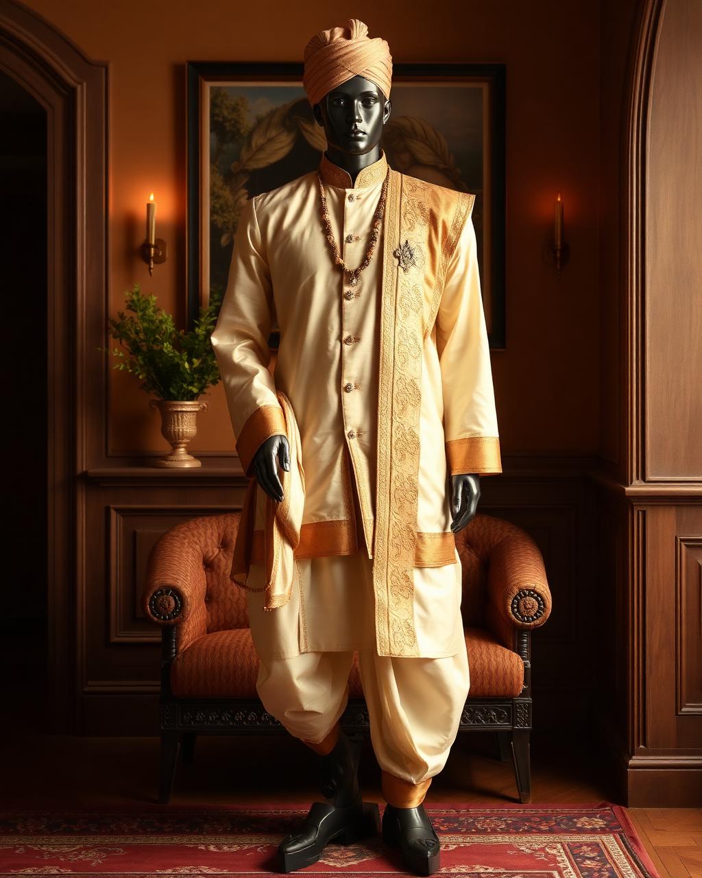 Cream silk kurta and dhoti set with gold border
